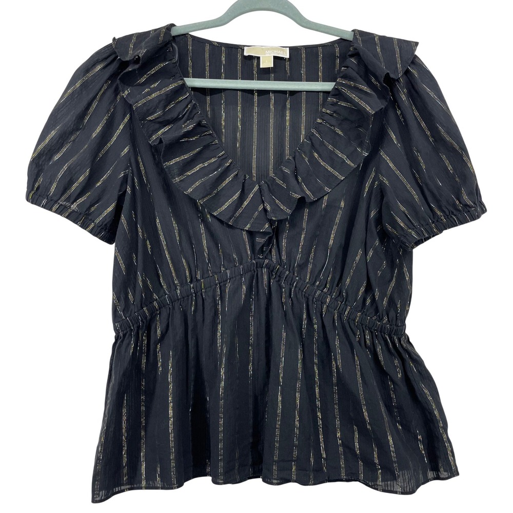 Michael Kors Size L Peplum Top Black Gold Metallic Stripe Ruffle V-Neck Blouse